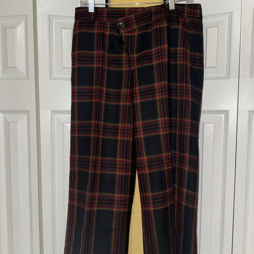RARE Fall 2004 L.A.M.B. Gwen Stefani Plaid Rasta Check Wide Leg Asymmetric Pants